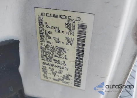 2004 Nissan Titan Se z USA, uszkodzony, nr VIN 1N6AA06A14N544921